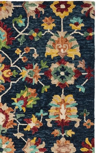 SAFAVIEH Aspen Collection Area Rug - 7' Square, Navy & Red, Handmade Boho Floral Wool, Ideal for High Traffic Areas in Living Room, Bedroom (APN510N)