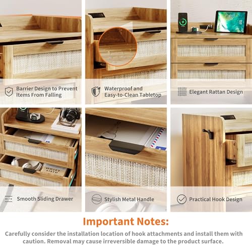 GAOMON Rattan Nightstand Set of 2, Modern Bedside Table with Type-c Charging, 2 Drawer Storage for Bedroom, Office & Living Room，Oak