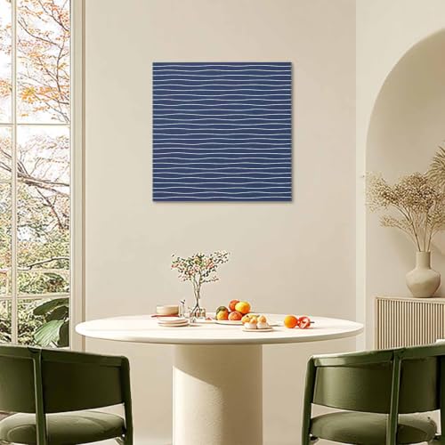 Modern Navy Blue Wavy Stripe Canvas Print Wall, Abstract Trend Rippling Water Lines Framed Canvas Art Wall Decor Pictures Painting Artwork for Living Room Bedroom, Ready to Hang, 28" x 28"