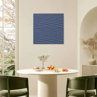 Modern Navy Blue Wavy Stripe Canvas Print Wall, Abstract Trend Rippling Water Lines Framed Canvas Art Wall Decor Pictures Painting Artwork for Living Room Bedroom, Ready to Hang, 28" x 28"