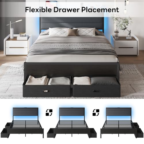 Queen Size Bed Frame with 2 Storage Drawers, Upholstered Headboard, view 6