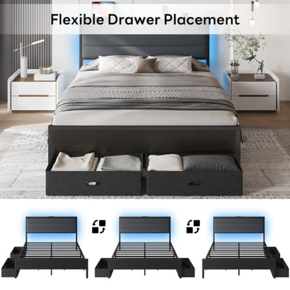 Queen Size Bed Frame with 2 Storage Drawers, Upholstered Headboard, view 6
