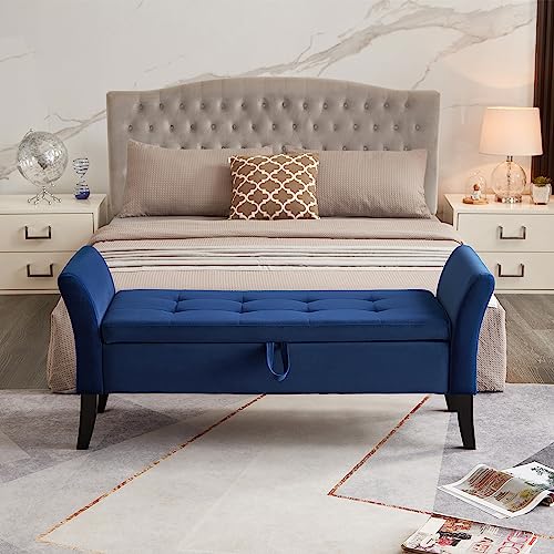 Storage Ottoman Bench, Velvet Benches End of Bed Bench with Solid Wood Legs Upholstered Ottoman with Storage Indoor Bench for Living Room with Rolled Arm, Entryway, NavyBlue