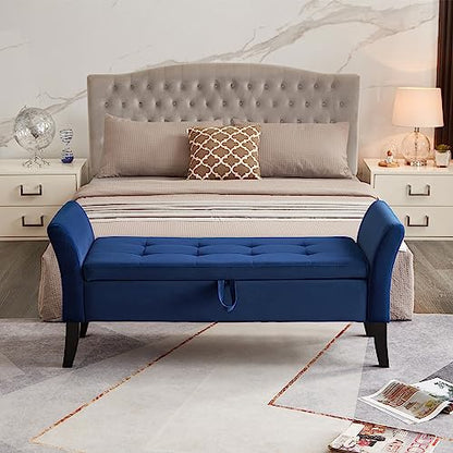Storage Ottoman Bench, Velvet Benches End of Bed Bench with Solid Wood Legs Upholstered Ottoman with Storage Indoor Bench for Living Room with Rolled Arm, Entryway, NavyBlue