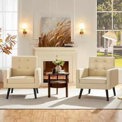 Yaheetech Mid-Century Accent Chairs, PU Leather Modern Upholstered Living Room Chair, Cozy Armchair Button Tufted Back and Wood Legs for Bedroom/Office/Cafe Beige 2PCS