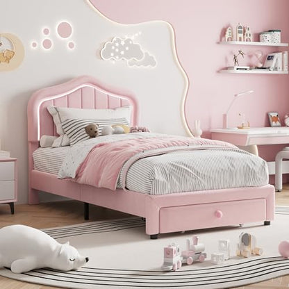 Twin Upholstered Bed Frame with Storage Drawer and Smart Led Headboard, Twin Size Platform Bed Frames for Kids, Wooden Slats Support, No Box Spring Needed, Easy Assembly, All Pink
