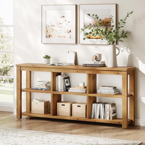 Solid Wood Horizontal Bookcase with Adjustable Shelves, 6 Cubes Storage Organizer Long Bookshelf, Farmhouse Low Cubby Bookcase for Living Room, Home Office, 63 Inches