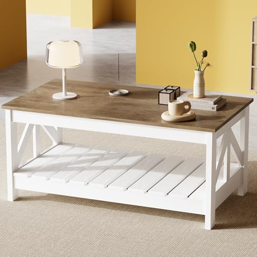 39” Farmhouse Coffee Table for Living Room, 2-Tier Modern Living Room Table with Storage Shelf, Rustic Rectangular Center Table Space Saving Home Furniture (Gray & White)