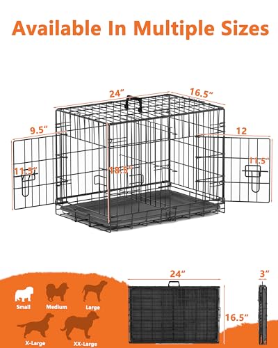 24 Inch Double Door Small Dog Crate with Divider Panel and Leak- Proof Pan Tray, view 3