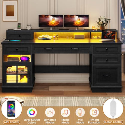 59.1" Executive Desk with File Drawer, Home Office Desk with Charging Station & LED Lights, Computer Desk with Drawers & Storage Cabinet, Executive Office Desk with Monitor Stand, Black