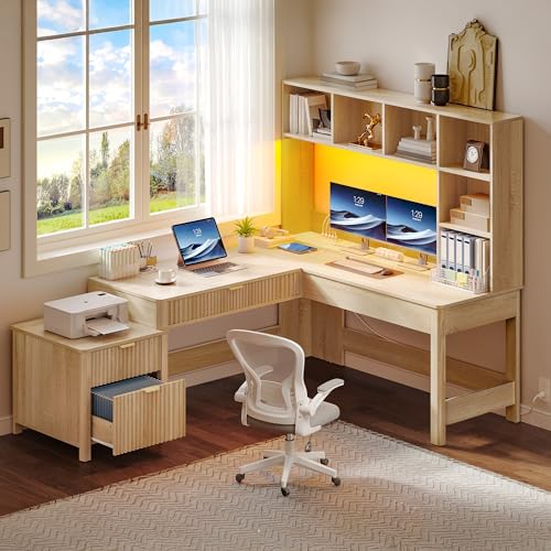 L Shaped Desk with Hutch and Drawers, 67" Computer Desk Gaming Desk with Power Outlets & LED Lights, Wood Home Office Desk with Printer Stand, Fluted Sturdy Writing Workstation, Natural Oak