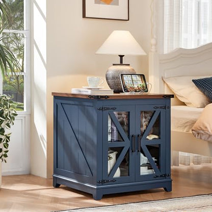 Farmhouse End Table with Charging Station, 24" Large Sofa Side Table with Glass Barn Door, Blue Nightstand with Adjustable Storage Shelf,Wood Square Bedside Table for Living Room,Bedroom
