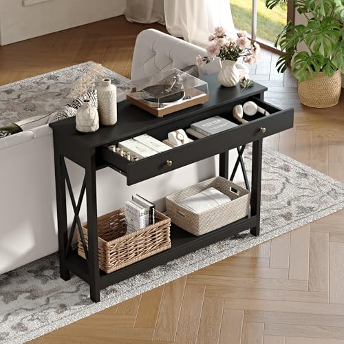 Black Console Table with Drawer and Storage Shelves, Foyer Sofa Table Narrow for Entryway, Living Room, Hallway