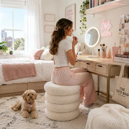 Round Storage Ottoman, Modern Sherpa Footstool, Teddy Vanity Stool with Flip-Top Tray, Makeup Chair for Home Decor, Upholstered Footrest for Living Room & Bedroom (White)