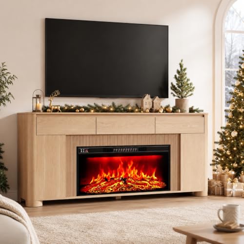 70" Fireplace TV Stand for 80" TVs, 42" Insert, 3 Drawers, Natural, view 2