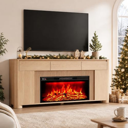 70" Fireplace TV Stand for 80" TVs, 42" Insert, 3 Drawers, Natural, view 2