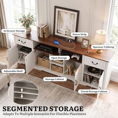 87" Farmhouse TV Stand with Power Outlet for 100" TV, White/Walnut, view 5