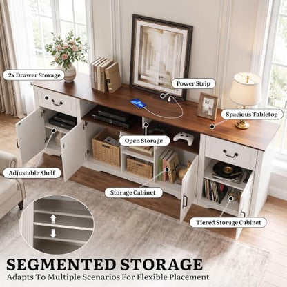 87" Farmhouse TV Stand with Power Outlet for 100" TV, White/Walnut, view 5