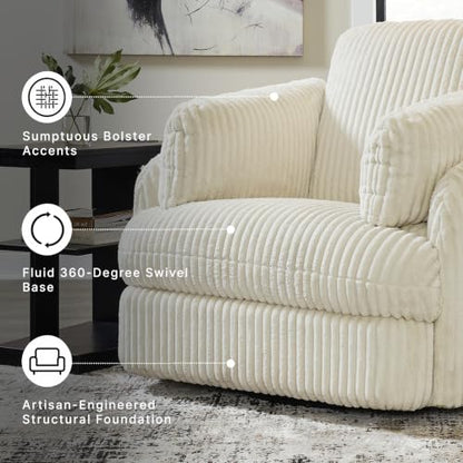 Signature Design by Ashley Tie-Breaker Cozy Contemporary Manual Press-Back Swivel Glider Rocker Recliner with 2 Bolster Pillows and Hidden Storage, White