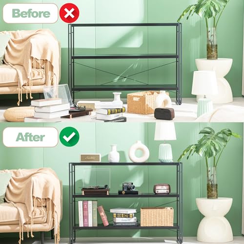 Bookshelf, 3-Tier Industrial Bookcase, Black Open Book Shelf, Freestanding Horizontal Bookshelves with Metal Frame