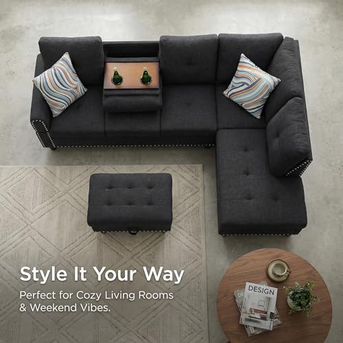 97.5" L Shaped Couch Set, Modular Sectional Couches for Living Room with Storage Ottoman, 4 Seat Home Sofa Living Room Furniture Sets with Chaise for Apartment Office (Linen, Dark Grey)