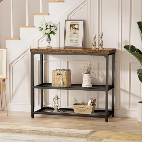32" Small Console Table with Storage, 3-Tier Industrial Narrow Entryway Table with Mesh Shelves, Sofa Table Behind Couch for Hallway Foyer Living Room, Sturdy Metal Frame, Rustic Brown