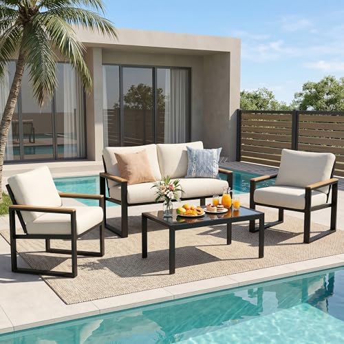 4 Pieces Patio Furniture Sets,Metal Outdoor Patio Furniture Sets,Outdoor Sectional Patio Conversation Set,Wooden Anti-Scald Armrest,Sling Mesh,4" Olefin Cushions