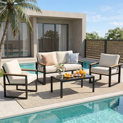 4 Pieces Patio Furniture Sets,Metal Outdoor Patio Furniture Sets,Outdoor Sectional Patio Conversation Set,Wooden Anti-Scald Armrest,Sling Mesh,4" Olefin Cushions