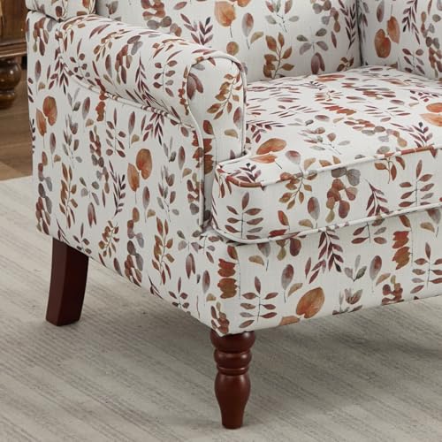 Modern Accent Chair,Comfy Upholstered Armchair with Retro Wood Legs,Floral Design Single Sofa Chair,Living Room Furniture for Apartment,Bedroom,Office,Linen Fabric,Floral Yellow