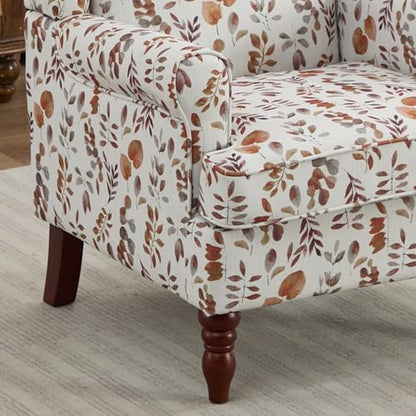 Modern Accent Chair,Comfy Upholstered Armchair with Retro Wood Legs,Floral Design Single Sofa Chair,Living Room Furniture for Apartment,Bedroom,Office,Linen Fabric,Floral Yellow