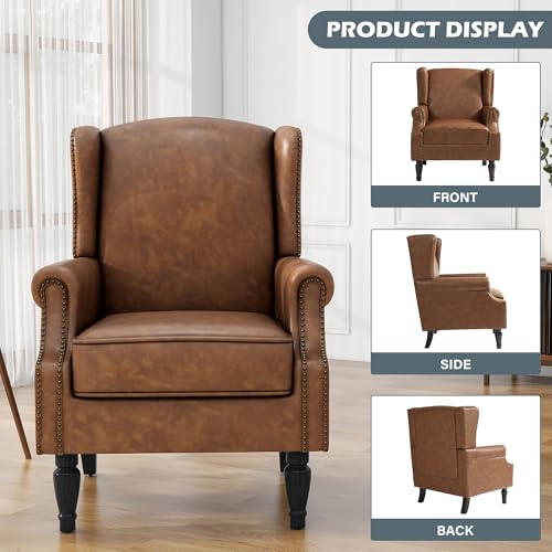 High Back Accent Chairs Set of 2, Faux Leather Upholstered Armchair Wingback Chair for Living Room, Comfy Single Sofa Solid Wood Legs Bedroom Reading Seat (Brown)