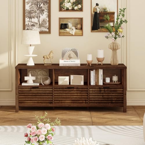 TV Stand, Mid Century Modern Media Console for 65/55/50 Inch TVs, Wood Fluted Entertainment Center with Storage for Living Room, Bedroom (Rustic Oak)