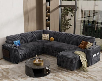 111" Modular Sectional Sleeper Sofa with Pull Out Bed, 7 Seat Plush Corduroy L Shaped Couch with Storage Chaise|USB Ports|Cup Holders|Side Table|Storage Armrests, Tool Free Assembly, Grey