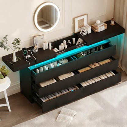 6 Drawer Dresser for Bedroom Black Dresser with Hidden Sliding Desktop, view 2