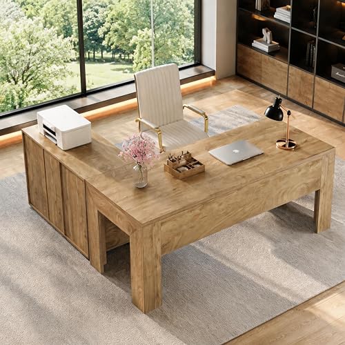 Tribesigns L Shaped Executive Desk with Drawers,Light Brown, view 7