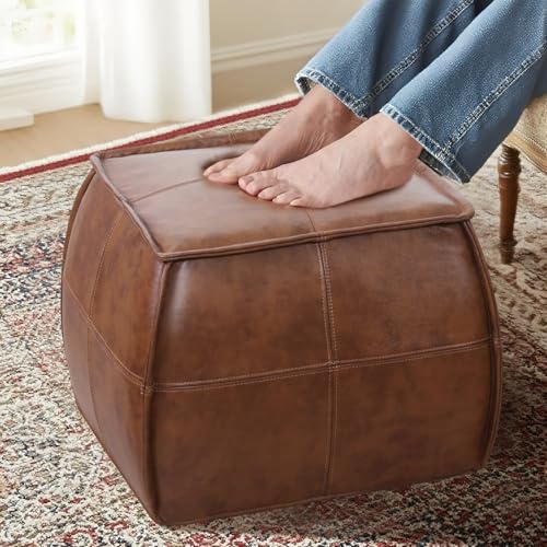 Genuine Leather Ottoman, Square Pouf Ottoman Foot Rest, Leather Footstool for Living Room (Brown, Square)