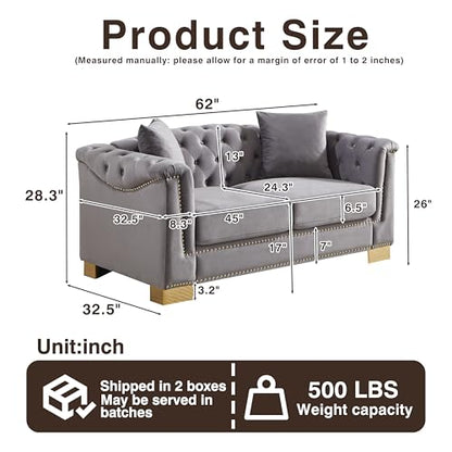 62" Chesterfield Sofa Velvet Two-Seater, Modern Classic Rolled Arm Button Tufted Sofa with Nailhead Decor, Cloud Couch Loveseat for Living Room, Apartment (Grey)