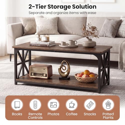 Farmhouse Coffee Table, 43" Center Table with Storage & X-Shaped Frames, 2-Tier Modern Accent Cocktail Tea Table, Rectangular Wood Living Room Tables for Small Spaces, Rustic Brown