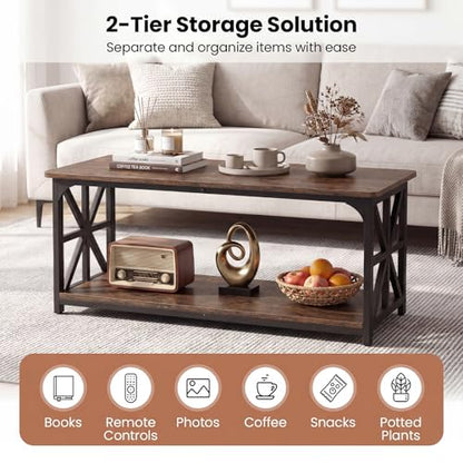 Farmhouse Coffee Table, 43" Center Table with Storage & X-Shaped Frames, 2-Tier Modern Accent Cocktail Tea Table, Rectangular Wood Living Room Tables for Small Spaces, Rustic Brown