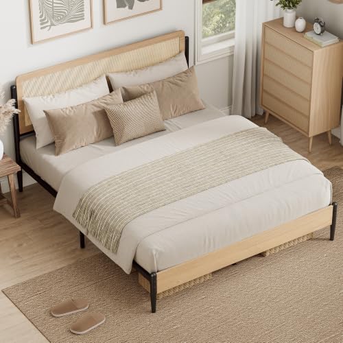 Natural Rattan Queen Bed Frame with Wooden Headboard, view 5