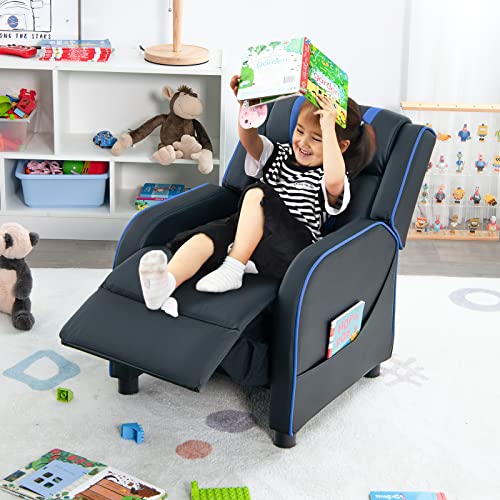 Kids Recliner, Gaming Recliner Chair w/Side Pockets, Footrest, Headrest & Lumbar Support for Kids Room & Play Room, Adjustable Racing Style Leather Sofa for Children Boys Girls (Blue, Black)