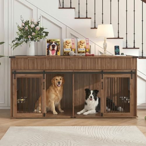 71'' Double Dog Crate Furniture, XXL Dog Kennel TV Stand,Walnut, view 2