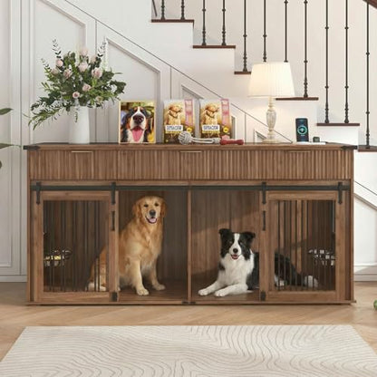 71'' Double Dog Crate Furniture, XXL Dog Kennel TV Stand,Walnut, view 2