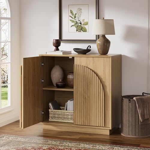 31.5" Small Buffet Cabinet with Storage, Arched Doors, Oak, 1PCS, view 7
