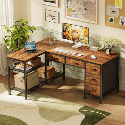 47 Inch L Shaped Desk with Power Outlets, 5 Fabric Drawers, view 3