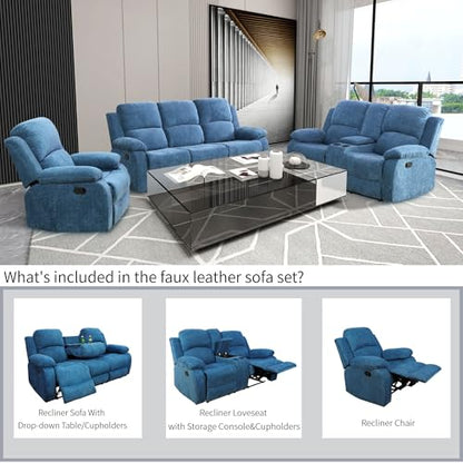 Modern Recliner Sofa Couch Set, 80" Wide, Blue, Vegan Leather/Fabric, 6-Seater, Sectional, Reclining, Easy Assembly