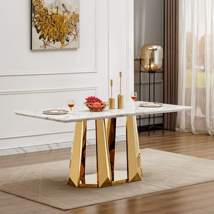 Marble Dining Table for 6 People, 70'' Rectangle Faux Marble Dining Table with Mirrored Stainless Steel Base, Large Size Marble Kitchen Table (Gold,White)(only Table)