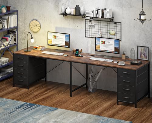 95" 2 Person Desk with 8 Drawers, Large Writing Home Office Desks with Outlets, I Shaped Workstation Double Desk Drawer Organizers (Rustic)