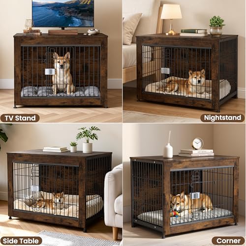 Wooden Dog Crate Furniture 32" for High Anxiety Medium Dogs, Aged Black, view 8