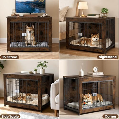 Wooden Dog Crate Furniture 32" for High Anxiety Medium Dogs, Aged Black, view 8